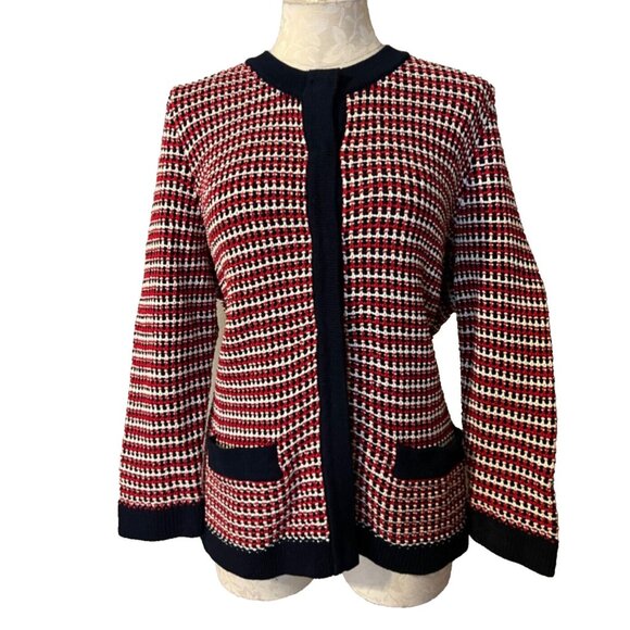 Talbots Women's Cardigan Jacket Sweater 1X Red Cream Navy Blue NWT NEW - Picture 2 of 10